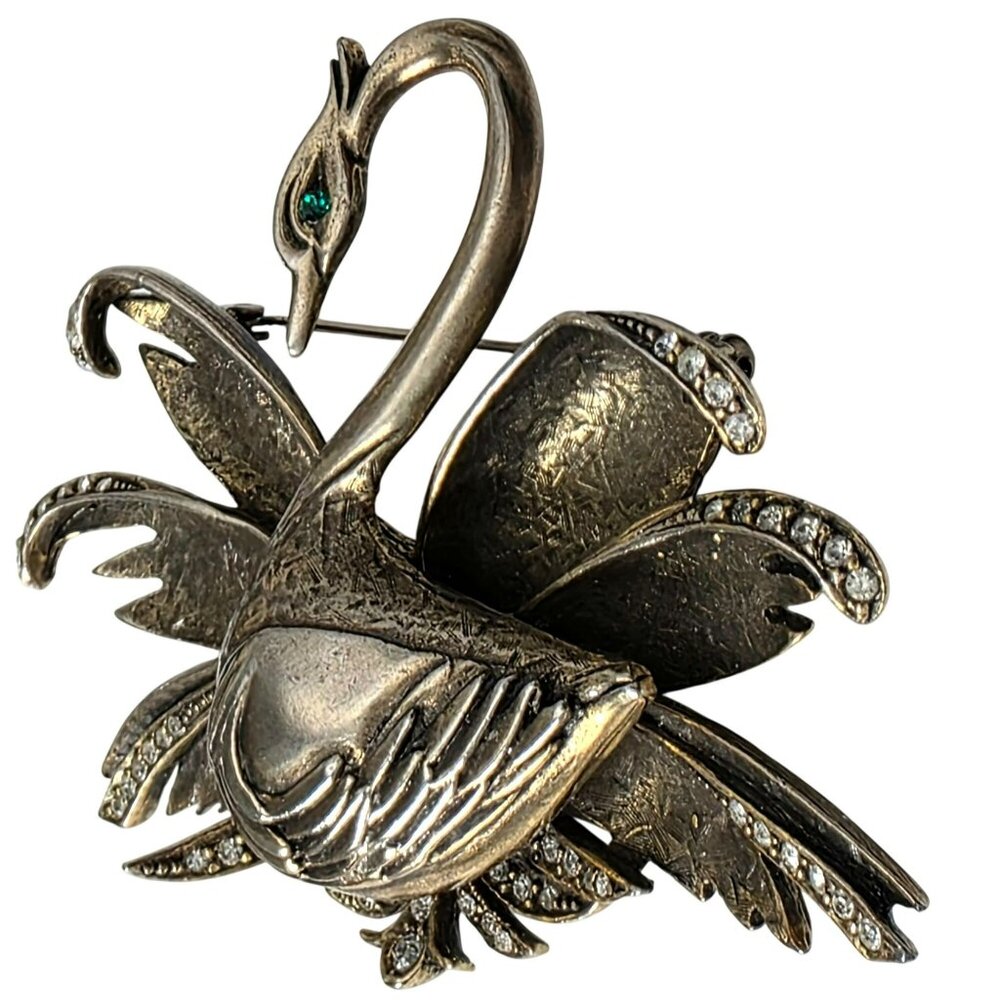 Vintage Swan Brooch Rhinestones Figural Bird Pin Mid Century Statement Gold-Tone - Picture 5 of 15